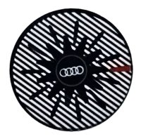 LEGO part Fliese, Rund 2 x 2 mit Stifthalter unten mit Weiß Audi Logo, Silber Streifen und Rot Streifenmuster 14769pb674