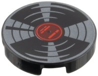 LEGO part Tile, Round 2 x 2 with Bottom Stud Holder with Vinyl Record with Red and Dark Red Label and Dark Silver Highlights Pattern 14769pb787