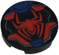 LEGO part Tile, Round 2 x 2 with Bottom Stud Holder with Spider, Dark Blue and Red Armor Plates, Dark Silver Outlines and Rivets Pattern 14769pb843