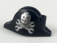LEGO part Minifigure, Headgear Hat, Pirate Bicorne with Silver Minifigure Skull with Half Mask and Wrenches Crossbones Pattern 2528pb13