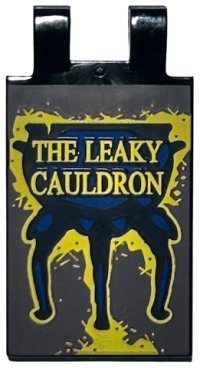 LEGO part Tile, Modified 2 x 3 with 2 Open O Clips with Gold 'THE LEAKY CAULDRON' Sign Pattern 30350bpb142
