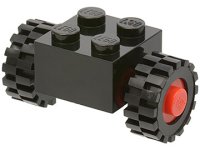 LEGO onderdeel Steen, Gewijzigd 2 x 2 met Rode Wielen voor Enkele Band met Zwarte Banden 15mm D. x 6mm Offset Profiel Klein (3137c01 / 3641) 3137c01assy2