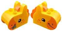 LEGO part Duplo, Mattone 2 x 5 x 3 con orecchi in cima con criniera arancio rossastro stampata e muso e macchie arancio stampati, occhi neri, e foglie verde lime in bocca, pattern di testa di cavallo 105161pb01