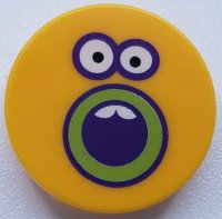 LEGO part Piastrella, Rotonda 2 x 2 con Supporto Bottone Inferiore con Volto Girasole, Bocca e Occhi Aperti Viola Scuro e Verde Lime con Contorno 14769pb314