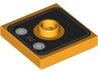 LEGO part Plate, Modified 2 x 2 with Groove and 1 Stud in Center with Two White Circles (Lights) and Grille on Black Square with Rounded Corners Pattern 87580pb004