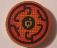 LEGO part Tile, Round 2 x 2 with Bottom Stud Holder with Black Circular Lines on Red Background Pattern 14769pb207