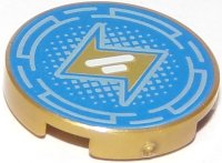 LEGO part Tile, Round 2 x 2 with Bottom Stud Holder with Gold Lightning Bolt and Metallic Light Blue Broken Circles and Dots on Blue Background Pattern 14769pb220