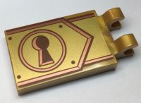 LEGO part Tile, Modified 2 x 3 with 2 Clips with Reddish Brown Keyhole on Copper and Gold Clasp Pattern 30350bpb099