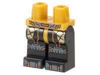 LEGO part Hips and Black Legs with Dark Bluish Gray Belt, Knee Pads, and Shoe Tips, Gold Armor Plates, Orange Trim Pattern 970c11pb52
