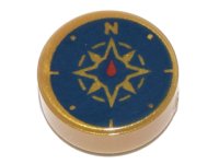LEGO part Tile, Round 1 x 1 with Dark Blue Compass Rose and Red Needle Pattern 98138pb045