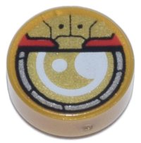 LEGO part Tile, Round 1 x 1 with White, Silver, Red, and Gold Robotic Eye, Silver Outside Circle Pattern 98138pb397