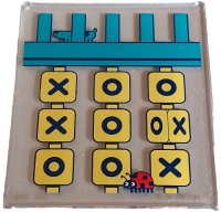 LEGO part Glass for Window 1 x 6 x 6 Flat Front with Black and Yellow Tic Tac Toe Game, Dark Turquoise Frame and  Dog, Red Ladybug Pattern 42509pb17