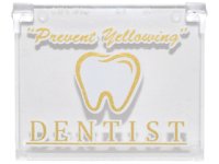 LEGO part Glass for Window 1 x 4 x 3 - Opening with Gold and White '"Prevent Yellowing"', 'DENTIST' and Tooth Pattern 60603pb007