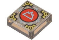 LEGO part Tile 1 x 1 with Metallic Light Blue Mountain on Red Circle (Symbol of Arborea) and Gold Corners Pattern (Dungeons & Dragons Cubic Gate) 3070pb366