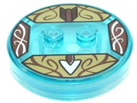 LEGO part Dimensions Toy Tag 4 x 4 x 2/3 with 2 Studs and Trans-Light Blue Bottom with Dark Brown and Silver Arrow on Olive Green Background Pattern (Legolas) 18605c01pb37