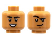 LEGO part Minifigure, Head Dual Sided, Black Eyebrows, Smile with Teeth / Grin with Raised Eyebrow Right Pattern - Hollow Stud 3626pb2884