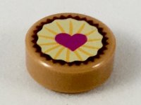 LEGO part Tile, Round 1 x 1 with Pastry, Magenta Heart on Bright Light Yellow Icing Pattern 98138pb094