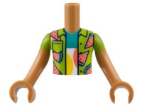 LEGO part Torso Mini Doll Boy Lime Shirt with Coral and Dark Turquoise Watermelon Slices Pattern, Medium Nougat Arms with Hands with Lime Short Sleeves FTBpb078c01