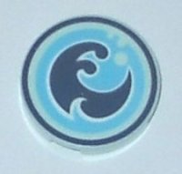 LEGO part Tile, Round 2 x 2 with Bottom Stud Holder with Elves Water Power Icon Pattern 14769pb031