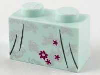LEGO part Brick 1 x 2 with Silver Flower Filigree, Magenta Flower, Stars and Dark Bluish Gray Dress Gather Lines Pattern 3004pb210
