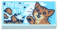 LEGO onderdeel Tile 1 x 2 with 'MEOW BiTS' and Medium Nougat and Tan Cat on White and Medium Azure Jagged Background Pattern 3069pb1341