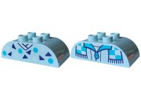 LEGO part Duplo, Brick 2 x 4 Slope Curved Double with White V-Neck Collar and Squares, Medium Azure Circles and Dark Blue Triangles  / Jacket with Zipper and Blocked Scarf Pattern 98223pb043