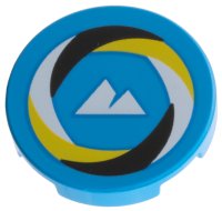 LEGO part Tile, Round 2 x 2 with Bottom Stud Holder with Black, White, and Yellow Swirl Border, White Sport Mountains Logo Pattern 14769pb830