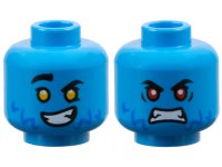 LEGO part Minifigure, Head Dual Sided Black Eyebrows, Blue Fur, White Teeth, Smile with Bright Light Orange Eyes / Scowl with Red Eyes Pattern - Vented Stud 3626pb3662