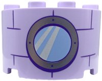 LEGO part Zylinderhälfte 2 x 4 x 2 mit 1 x 2 Ausschnitt mit Hellblauem rundem Fenster mit silbernem Rahmen und dunkelviolettem Ziegelmuster 24593pb16