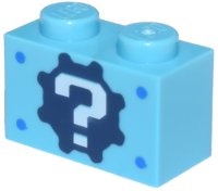 LEGO part Brick 1 x 2 with White Question Mark on Black Gear Pattern 3004pb042