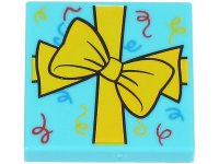 LEGO part Tile 2 x 2 with Present / Gift with Ribbon with Bow and Red, Yellow and Dark Azure Scrolls Pattern (BAM) 3068pb2602
