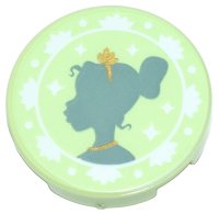 LEGO part Tile, Round 2 x 2 with Bottom Stud Holder with Sand Green Tiana Silhouette, Gold Tiara and Necklace, and White Flowers Pattern 14769pb654
