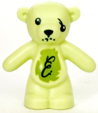 LEGO part Teddy Bear with Dark Green Eyes, Nose and Mouth, Script Letter E on Lime Stomach, Damaged Eye Pattern 98382pb008