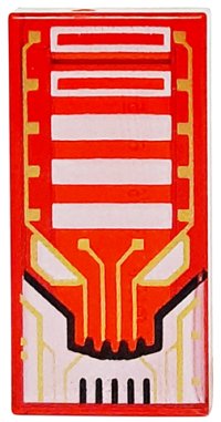 LEGO part Tile 1 x 2 with Alien Robot Face with Gold Circuitry, Black Lines, White Eyes and Rectangles Pattern 3069pb1323