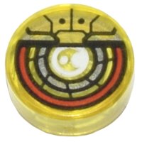 LEGO part Tile, Round 1 x 1 with White, Silver, Red, and Gold Robotic Eye, Red Outside Circle Pattern 98138pb359