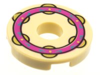 LEGO part Tile, Round 2 x 2 with Hole with Magenta Ring with Dark Azure Filigree and Gold Jingles Pattern (Musical Instrument, Tambourine) 15535pb08