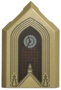 LEGO part Tile, Modified 2 x 3 Pentagonal with Dark Tan Arches and Spires, Light Bluish Gray Clock, Reddish Brown Window with Dark Brown Lattice Pattern 22385pb308