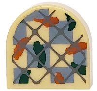 LEGO part Tile, Round 1 x 1 Half Circle Extended with Oven Mitt with Dark Blush Gray Grid, Dark Green and Dark Orange Chili Peppers and Sand Blue Checkered Pattern 24246pb050