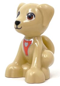 LEGO part Dog, Friends, Puppy, Sitting with Brown Eyes, Black Nose and Silver Heart Pattern 27986pb03