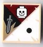 LEGO part Tile 2 x 2 with 1 Black Dot, Skull and Sword Pattern 3068pb0417