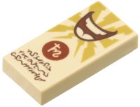 LEGO part Tile 1 x 2 with Gold Lightning, Dark Brown and Reddish Brown Mouth, Text and Circle with Symbol Pattern (Dungeons & Dragons Spell Scroll of Hideous Laughter) 3069pb1277