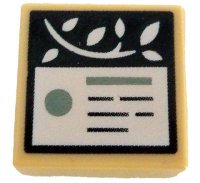 LEGO part Tile 1 x 1 with White Vine and Information Plaque with Sand Green Bar and Dot and Writing / Lines on Dark Green Background Pattern 3070pb367