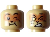 LEGO part Minifigure, Head Dual Sided Alien Black Eyebrows, Nougat Face, Wink, Neutral with Full Cheek / Lopsided Bared Teeth, Gold Eye, and Dark Tan Dirt Stains Pattern - Hollow Stud 3626pb3071