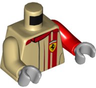 LEGO part Torso Speed Champions with Ferrari Logo on Front and Back Pattern / Red Arm Left  / Tan Arm Right / Light Bluish Gray Hands 973pb3143c01