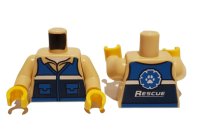 LEGO part Torso Blue and Dark Blue Vest with Pockets and White Stripe over Shirt with Collar, Undershirt, Paw Print Logo and 'RESCUE' on Back Pattern / Tan Arms / Yellow Hands 973pb4291c01