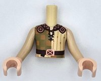 LEGO part Torso Mini Doll Boy Tan and Olive Green Tunic with Medium Nougat Squares, Dark Brown Belt with Copper Buckle, Ornate Collar Pattern, Light Nougat Arms and Hands with Tan Long Sleeves FTBpb105c01