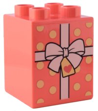 LEGO part Duplo, Stein 2 x 2 x 2 mit Geschenk / Geschenkbox mit weißem Ribbon mit Schleife und Bright Light Yellow Polka Dots Muster 31110pb183