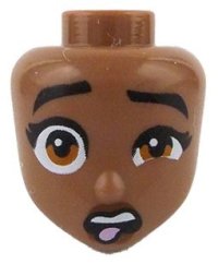 LEGO part Mini Doll, Head Friends with Black Eyebrows Raised and Eyelashes, Dark Orange Eyes, Reddish Brown Lips, Open Mouth with Upper Teeth and Bright Pink Tongue Pattern 110363