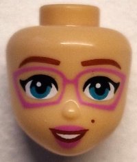LEGO part Mini Doll, Head Friends with Reddish Brown Eyebrows and Beauty Mark, Dark Turquoise Eyes, Dark Pink Glasses and Lips, Open Mouth Smile with Teeth Pattern 105835