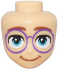 LEGO part Mini Doll, Head Friends with Thick Reddish Brown Eyebrows, Dark Turquoise Eyes, Round Dark Purple Glasses, and Closed Mouth Smile Pattern 107120